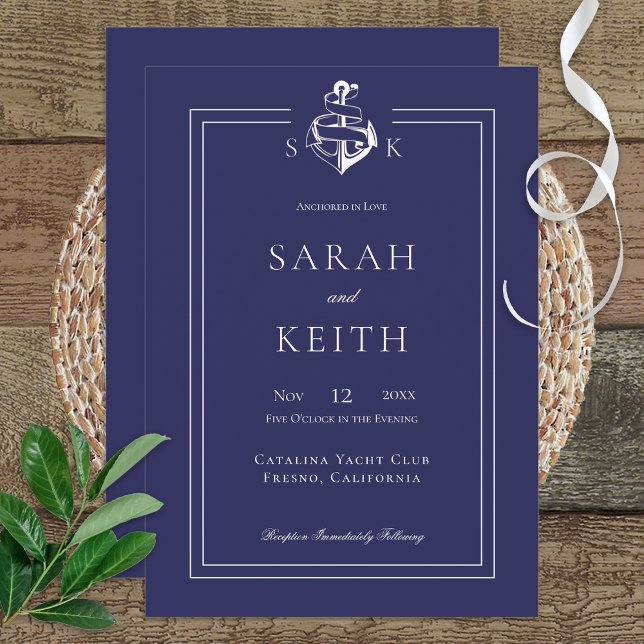Navy Nautical Anchor Monogram Wedding Invitation (Creator Uploaded)