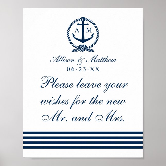 Navy Nautical Anchor Monogram Wishes Poster (Front)