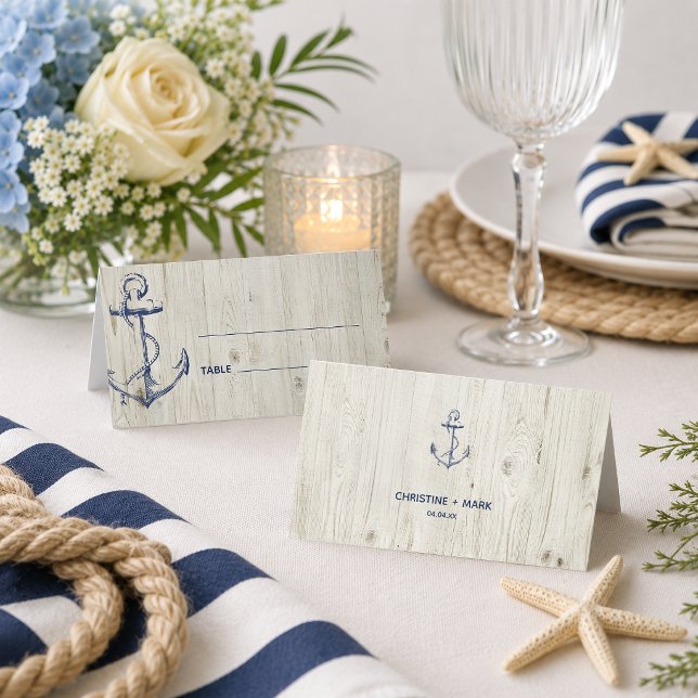 Navy Nautical Anchor Rustic Wood Place Card (Dress your reception up with these nautical anchor place cards.
)