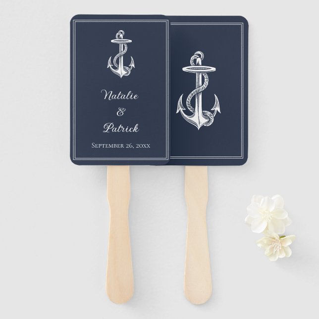 Navy Nautical Anchor Wedding Hand Fans (Front and Back)