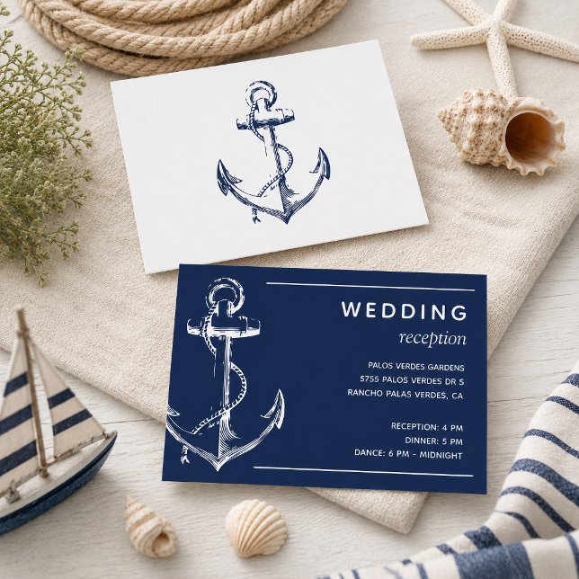 Navy Nautical Anchor Wedding Reception Enclosure Card (Tie the knot with this navy nautical sketch anchor wedding stationary.)