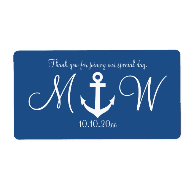 Navy nautical anchor wedding water bottle labels (Front)