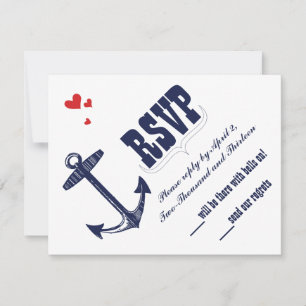 Navy Nautical Anchor with a Touch of Red Wedding RSVP Card