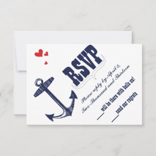 Navy Nautical Anchor with a Touch of Red Wedding RSVP Card