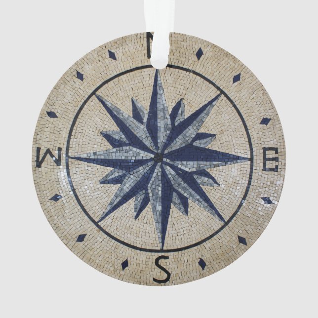 Navy Nautical Compass North south East West Marble Ornament (Back)