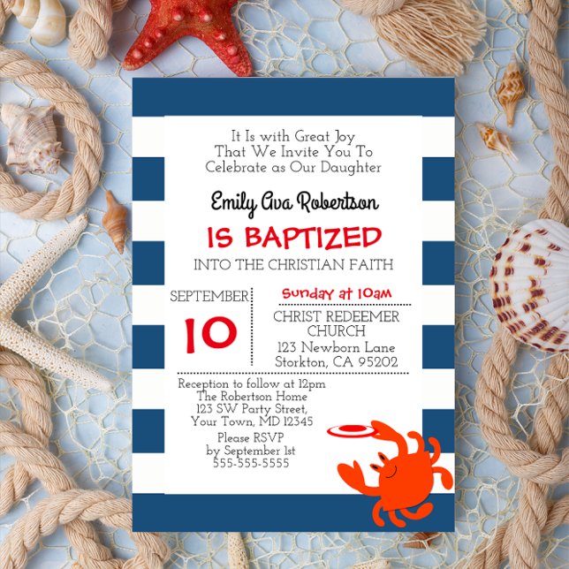 Navy Nautical Crab Personalised Small Baptism Invitation (Creator Uploaded)