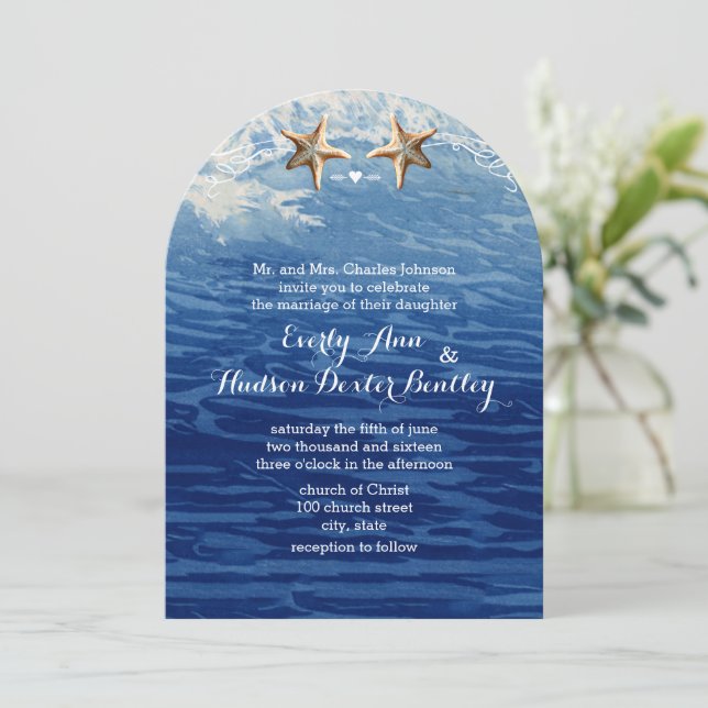 Navy Nautical Destination Beach Starfish Wedding Invitation (Standing Front)