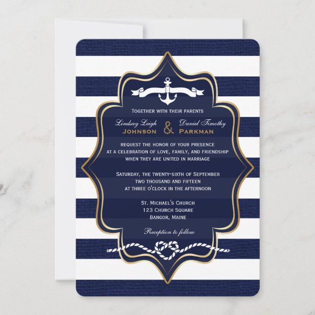 Navy Nautical, FAUX Burlap Stripes Wedding 2 Invitation (Front)