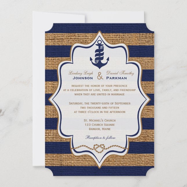 Navy Nautical, FAUX Burlap Stripes Wedding Invite (Front)