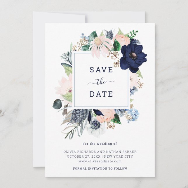 Navy Nautical Floral and Stripes | Save The Date (Front)