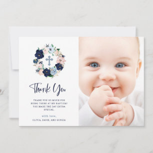 Navy Nautical Floral and White Photo Baptism Thank You Card