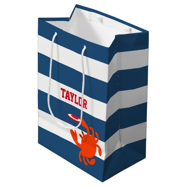 Navy Nautical Frisbee Crab Personalised Medium Gift Bag (Front Angled)