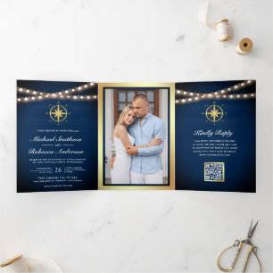 Navy Nautical Gold Compass QR Code Wedding Tri-Fold Invitation