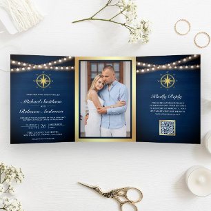Navy Nautical Gold Compass QR Code Wedding Tri-Fold Invitation