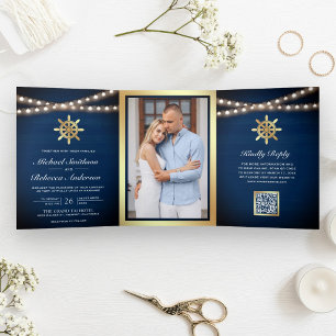 Navy Nautical Gold Ship's Wheel QR Code Wedding Tri-Fold Invitation