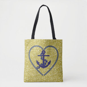 Navy Nautical Heart Anchor Gold Faux Glitter Tote Bag