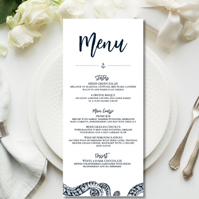Navy Nautical Octopus Wedding Flat Plate Menu (Creator Uploaded)