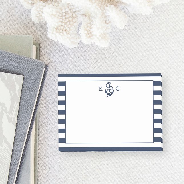 Navy Nautical Preppy Stripe & Anchor Monogram Post-it Notes (Creator Uploaded)