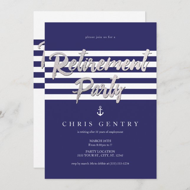 Navy, Nautical Retirement Party Invitations (Front/Back)