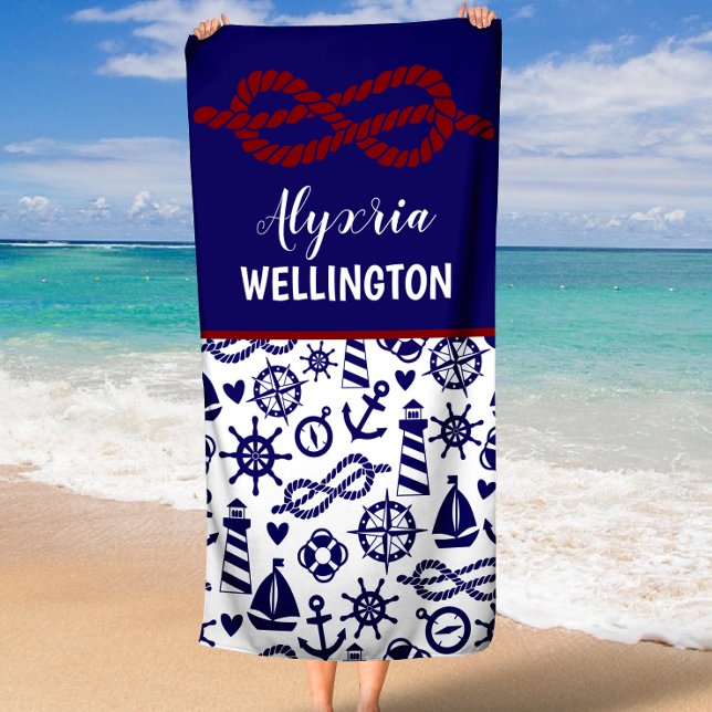 Navy Nautical Rope Personalised Beach Towel (Creator Uploaded)