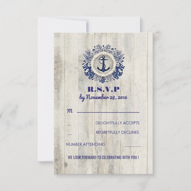 Navy Nautical Rustic Beach Wedding RSVP Card (Front)