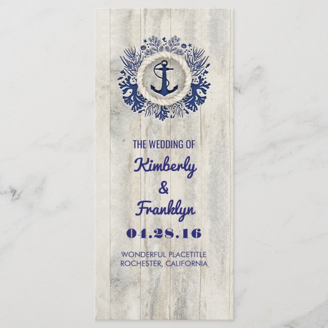 Navy Nautical Rustic Driftwood Beach Wedding Programme (Front)