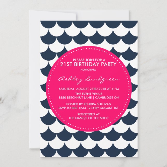 Navy Nautical Scallop Pattern Birthday Invitation (Front)