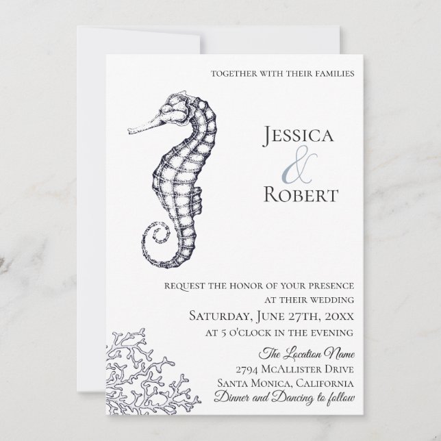 Navy Nautical Seahorse Wedding Invitation (Front)