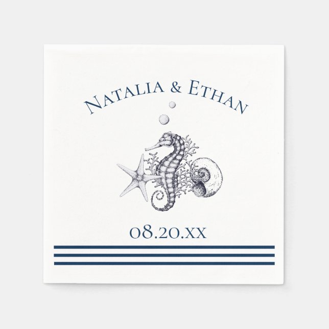 Navy Nautical Seaside Personalised Napkin (Front)