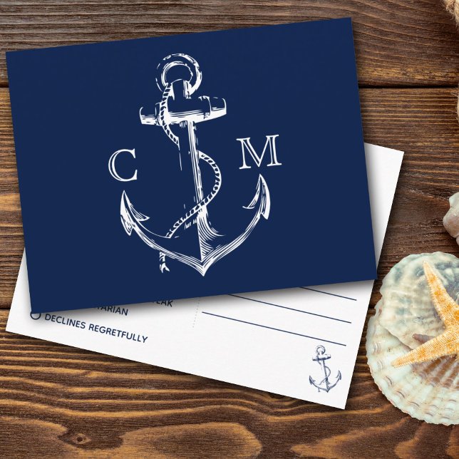 Navy Nautical Sketch Anchor Meal Choice RSVP Invitation Postcard (Creator Uploaded)