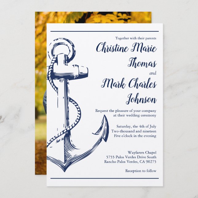 Navy Nautical Sketch Anchor Photo Wedding Invitation (Front/Back)
