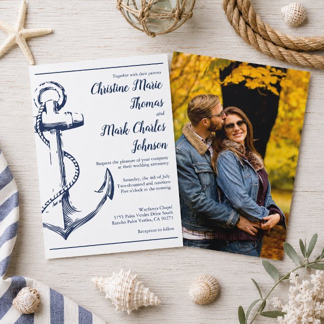 Navy Nautical Sketch Anchor Photo Wedding Invitation (Tie the knot with this navy nautical sketch anchor wedding invitation. )
