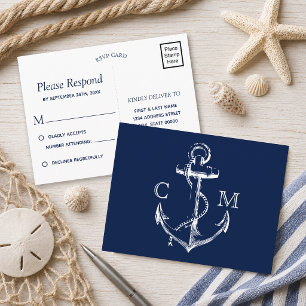Navy Nautical Sketch Anchor RSVP Invitation Postcard