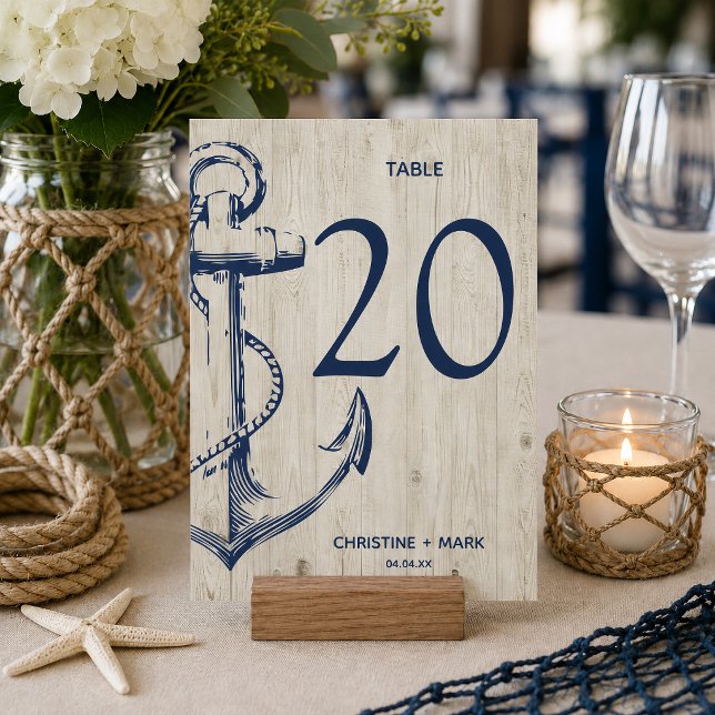 Navy Nautical Sketch Anchor Rustic Wood Invitation (Nautical themed table number card that is customizable.
)