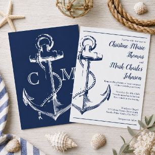 Navy Nautical Sketch Anchor Script Font Wedding Invitation