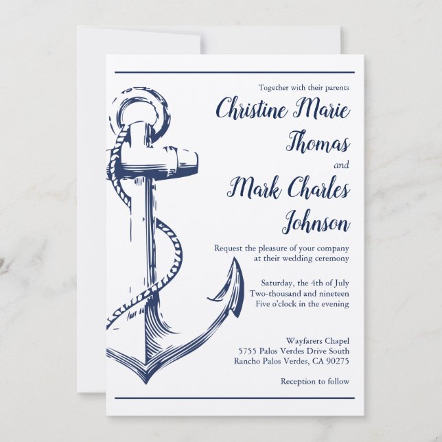 Navy Nautical Sketch Anchor Script Font Wedding Invitation (Front)