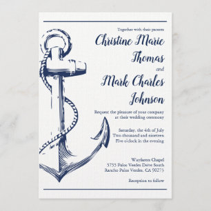 Navy Nautical Sketch Anchor Script Font Wedding Invitation