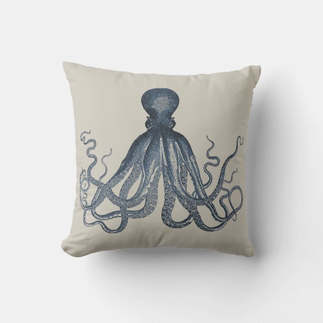Navy Nautical Steampunk Octopus Vintage Kraken Cushion (Front)
