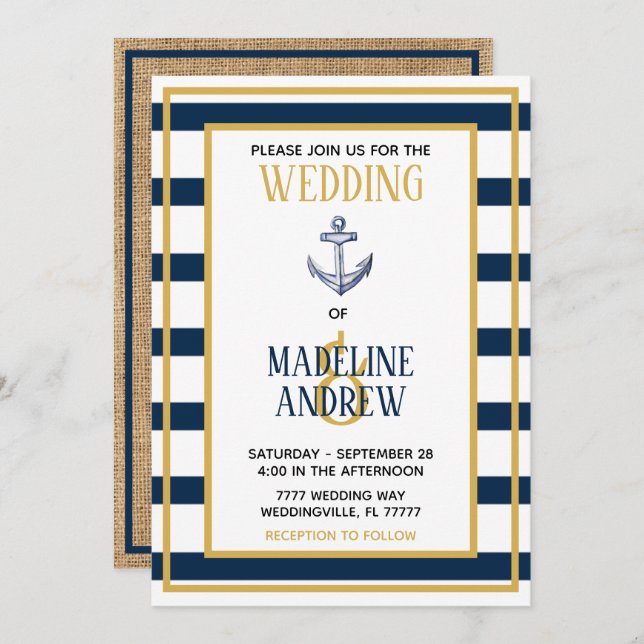 Navy Nautical Stripes Anchor Wedding Invitation (Front/Back)