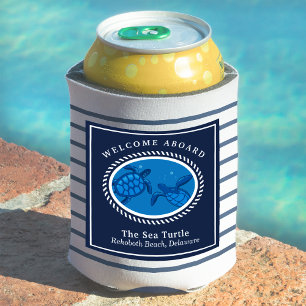 Navy Nautical Stripes Boat Name Sea Turtle Can Cooler