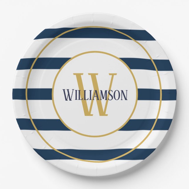 Navy Nautical Stripes Monogram Name Paper Plate (Front)