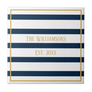 Navy Nautical Stripes Personalised Wedding Tile