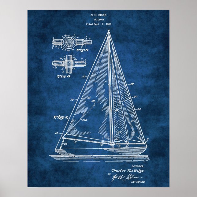 Navy Nautical Wall Decor Sailboat Patent #5 (Front)