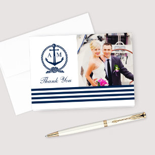 Navy Nautical Wedding Monogram Photo Thank You Card