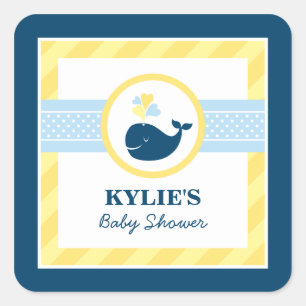 Navy Nautical Whale Yellow Baby Shower Square Sticker