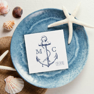 Navy Nautical White Anchor Monogram Napkin