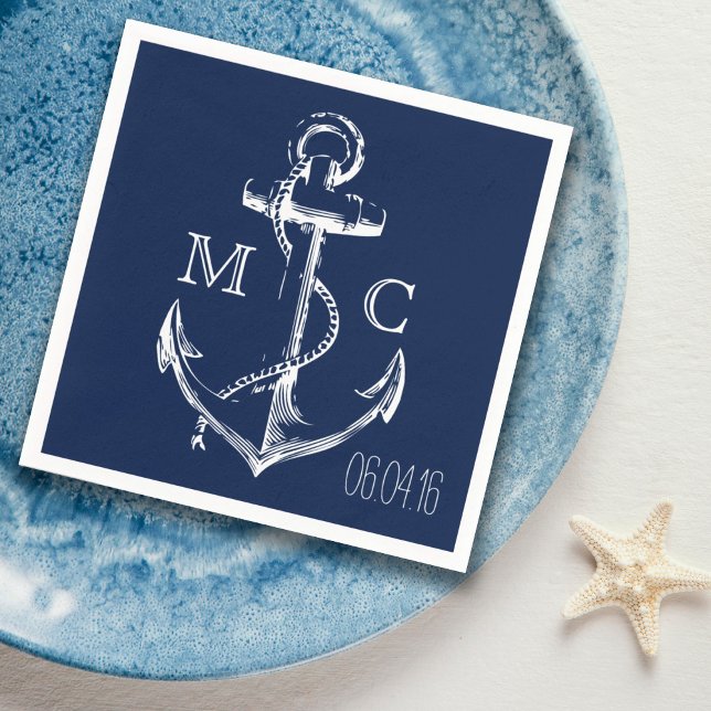 Navy Nautical White Anchor Napkin (Creator Uploaded)