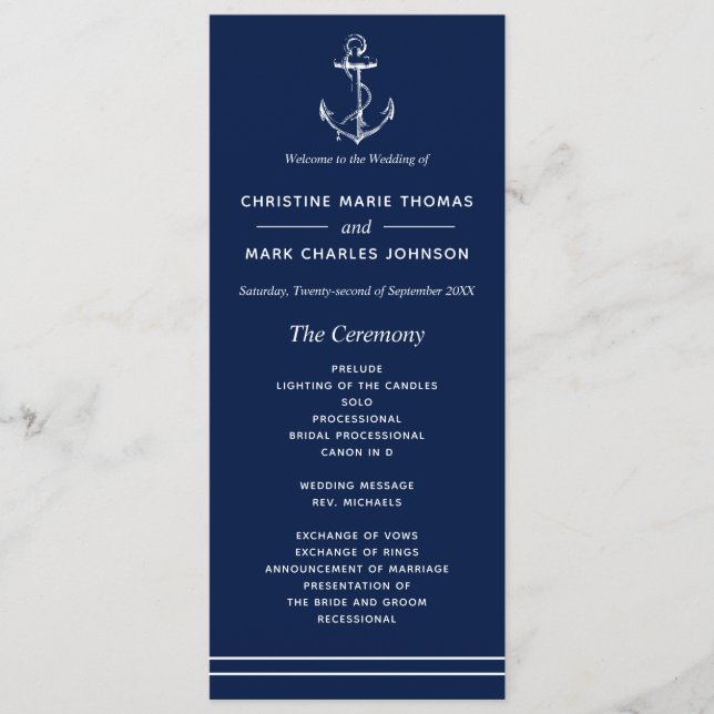 Navy Nautical White Anchor Wedding Programme (Front)