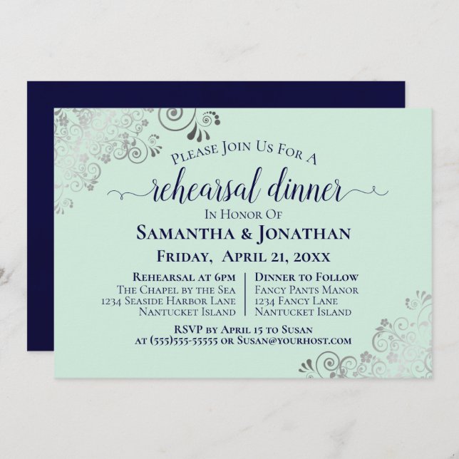 Navy & Neo Mint Green Wedding Rehearsal & Dinner Invitation (Front/Back)