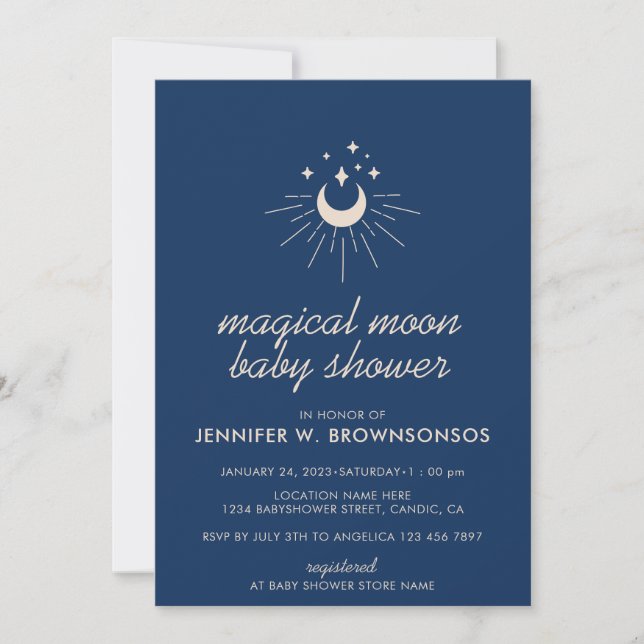 Navy Neutral Summer Fall Celestial Moon Stars Invitation (Front)